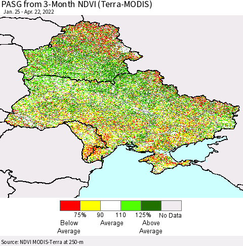 Ukraine, Moldova and Belarus PASG from 3-Month NDVI (Terra-MODIS) Thematic Map For 4/15/2022 - 4/22/2022