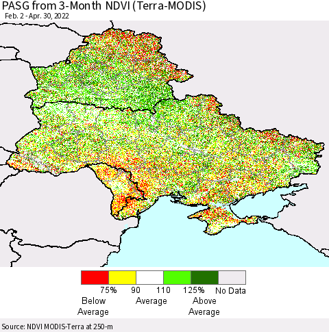 Ukraine, Moldova and Belarus PASG from 3-Month NDVI (Terra-MODIS) Thematic Map For 4/23/2022 - 4/30/2022
