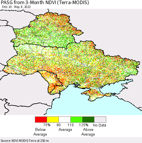 Ukraine, Moldova and Belarus PASG from 3-Month NDVI (Terra-MODIS) Thematic Map For 5/1/2022 - 5/8/2022