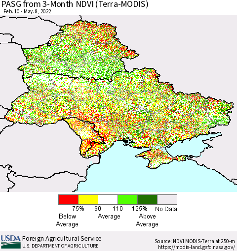 Ukraine, Moldova and Belarus PASG from 3-Month NDVI (Terra-MODIS) Thematic Map For 5/1/2022 - 5/10/2022