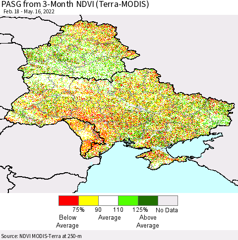 Ukraine, Moldova and Belarus PASG from 3-Month NDVI (Terra-MODIS) Thematic Map For 5/9/2022 - 5/16/2022