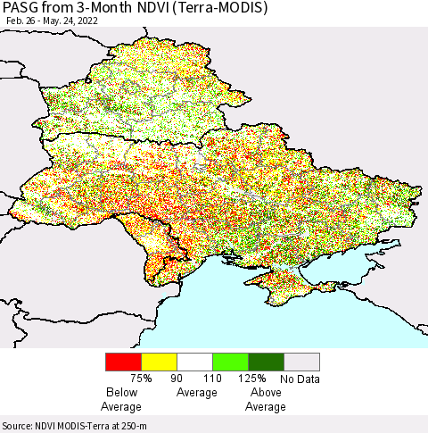 Ukraine, Moldova and Belarus PASG from 3-Month NDVI (Terra-MODIS) Thematic Map For 5/17/2022 - 5/24/2022