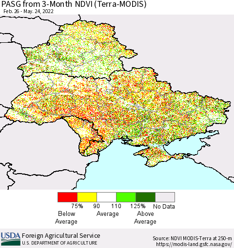 Ukraine, Moldova and Belarus PASG from 3-Month NDVI (Terra-MODIS) Thematic Map For 5/21/2022 - 5/31/2022
