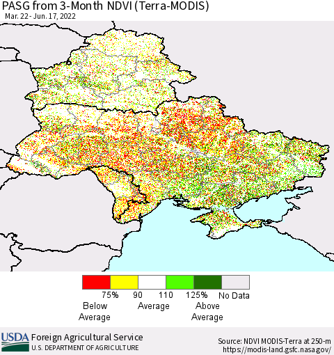 Ukraine, Moldova and Belarus PASG from 3-Month NDVI (Terra-MODIS) Thematic Map For 6/11/2022 - 6/20/2022