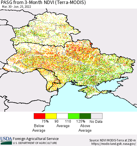 Ukraine, Moldova and Belarus PASG from 3-Month NDVI (Terra-MODIS) Thematic Map For 6/21/2022 - 6/30/2022