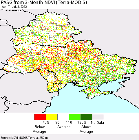 Ukraine, Moldova and Belarus PASG from 3-Month NDVI (Terra-MODIS) Thematic Map For 6/26/2022 - 7/3/2022