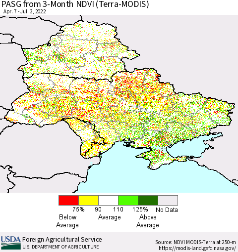 Ukraine, Moldova and Belarus PASG from 3-Month NDVI (Terra-MODIS) Thematic Map For 7/1/2022 - 7/10/2022