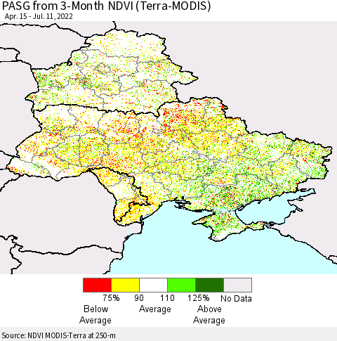 Ukraine, Moldova and Belarus PASG from 3-Month NDVI (Terra-MODIS) Thematic Map For 7/4/2022 - 7/11/2022