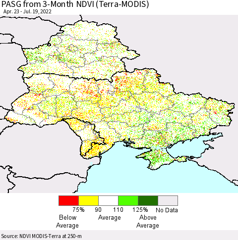 Ukraine, Moldova and Belarus PASG from 3-Month NDVI (Terra-MODIS) Thematic Map For 7/12/2022 - 7/19/2022