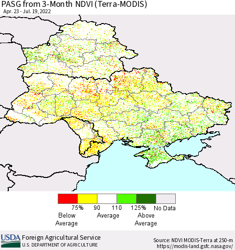 Ukraine, Moldova and Belarus PASG from 3-Month NDVI (Terra-MODIS) Thematic Map For 7/11/2022 - 7/20/2022