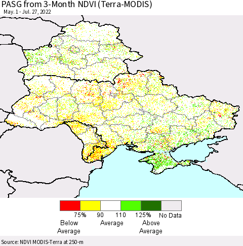 Ukraine, Moldova and Belarus PASG from 3-Month NDVI (Terra-MODIS) Thematic Map For 7/20/2022 - 7/27/2022