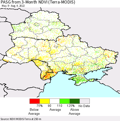 Ukraine, Moldova and Belarus PASG from 3-Month NDVI (Terra-MODIS) Thematic Map For 7/28/2022 - 8/4/2022