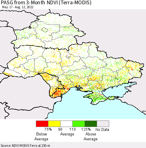 Ukraine, Moldova and Belarus PASG from 3-Month NDVI (Terra-MODIS) Thematic Map For 8/5/2022 - 8/12/2022