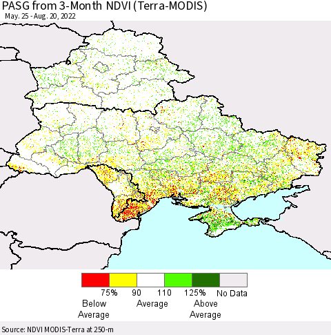 Ukraine, Moldova and Belarus PASG from 3-Month NDVI (Terra-MODIS) Thematic Map For 8/11/2022 - 8/20/2022