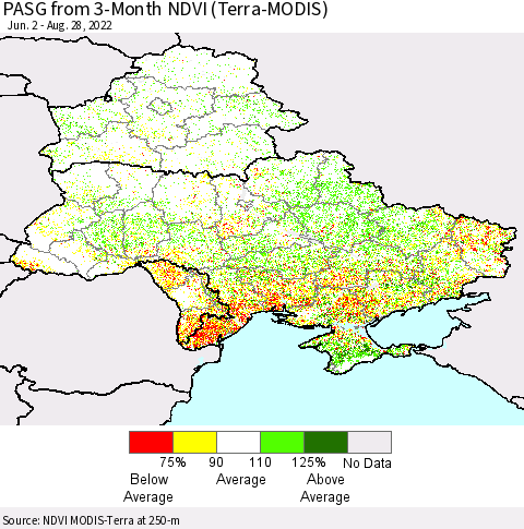 Ukraine, Moldova and Belarus PASG from 3-Month NDVI (Terra-MODIS) Thematic Map For 8/21/2022 - 8/28/2022