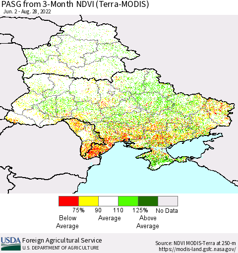 Ukraine, Moldova and Belarus PASG from 3-Month NDVI (Terra-MODIS) Thematic Map For 8/21/2022 - 8/31/2022