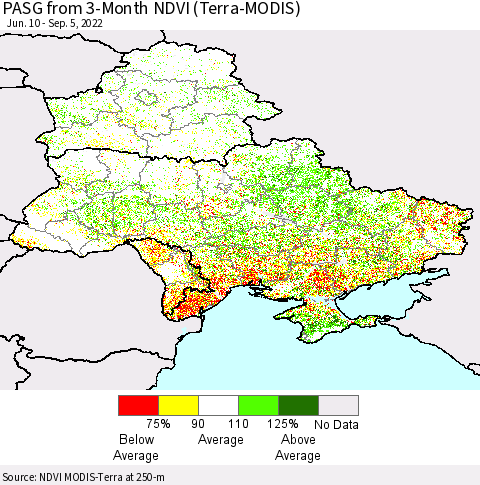 Ukraine, Moldova and Belarus PASG from 3-Month NDVI (Terra-MODIS) Thematic Map For 8/29/2022 - 9/5/2022