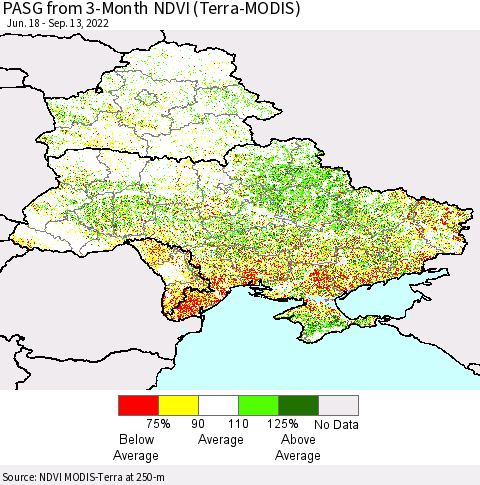 Ukraine, Moldova and Belarus PASG from 3-Month NDVI (Terra-MODIS) Thematic Map For 9/6/2022 - 9/13/2022