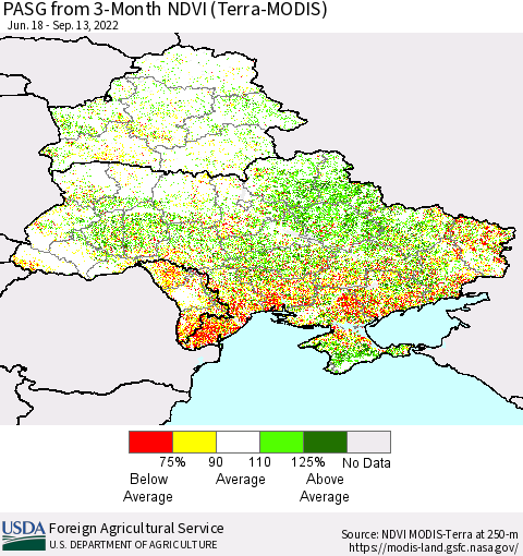 Ukraine, Moldova and Belarus PASG from 3-Month NDVI (Terra-MODIS) Thematic Map For 9/11/2022 - 9/20/2022