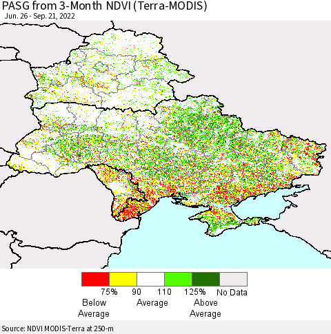 Ukraine, Moldova and Belarus PASG from 3-Month NDVI (Terra-MODIS) Thematic Map For 9/14/2022 - 9/21/2022