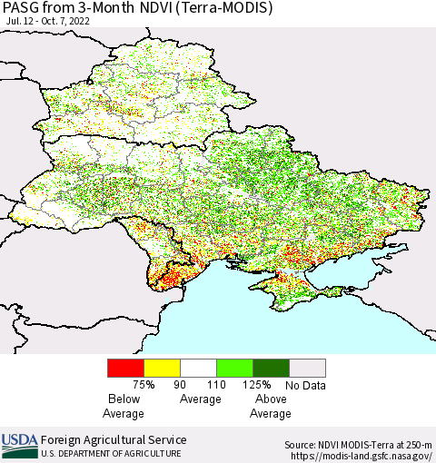 Ukraine, Moldova and Belarus PASG from 3-Month NDVI (Terra-MODIS) Thematic Map For 10/1/2022 - 10/10/2022