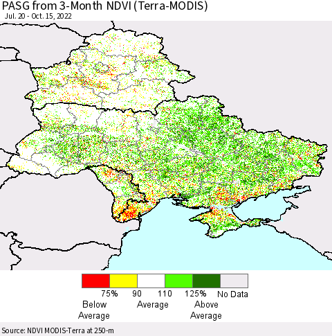 Ukraine, Moldova and Belarus PASG from 3-Month NDVI (Terra-MODIS) Thematic Map For 10/8/2022 - 10/15/2022