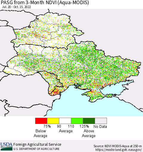 Ukraine, Moldova and Belarus PASG from 3-Month NDVI (Terra-MODIS) Thematic Map For 10/11/2022 - 10/20/2022