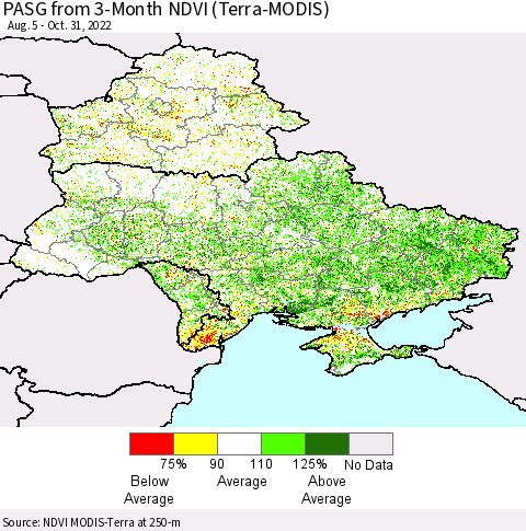 Ukraine, Moldova and Belarus PASG from 3-Month NDVI (Terra-MODIS) Thematic Map For 10/21/2022 - 10/31/2022