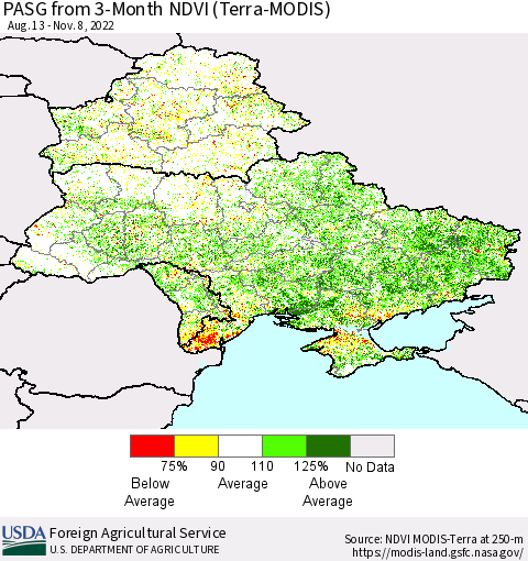 Ukraine, Moldova and Belarus PASG from 3-Month NDVI (Terra-MODIS) Thematic Map For 11/1/2022 - 11/10/2022