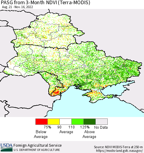 Ukraine, Moldova and Belarus PASG from 3-Month NDVI (Terra-MODIS) Thematic Map For 11/11/2022 - 11/20/2022