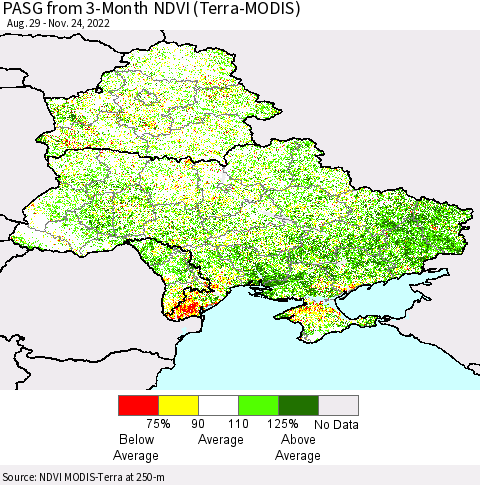 Ukraine, Moldova and Belarus PASG from 3-Month NDVI (Terra-MODIS) Thematic Map For 11/17/2022 - 11/24/2022