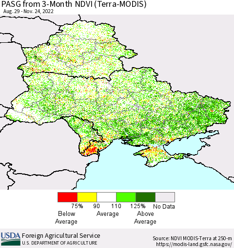 Ukraine, Moldova and Belarus PASG from 3-Month NDVI (Terra-MODIS) Thematic Map For 11/21/2022 - 11/30/2022