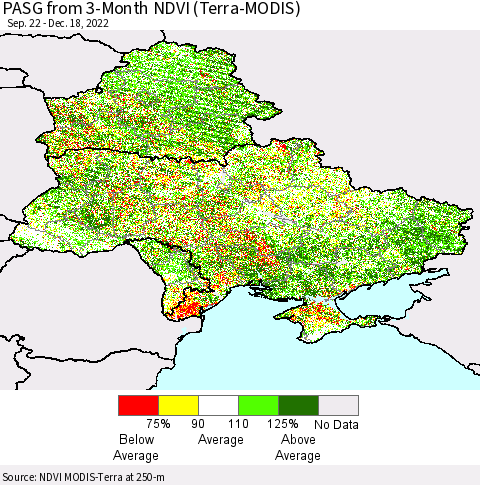 Ukraine, Moldova and Belarus PASG from 3-Month NDVI (Terra-MODIS) Thematic Map For 12/11/2022 - 12/18/2022