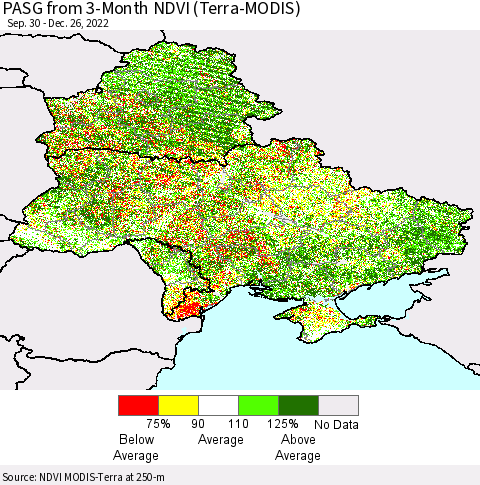 Ukraine, Moldova and Belarus PASG from 3-Month NDVI (Terra-MODIS) Thematic Map For 12/19/2022 - 12/26/2022