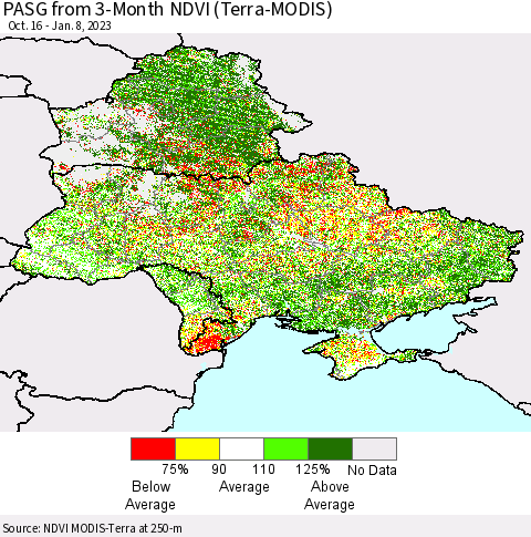 Ukraine, Moldova and Belarus PASG from 3-Month NDVI (Terra-MODIS) Thematic Map For 1/1/2023 - 1/8/2023