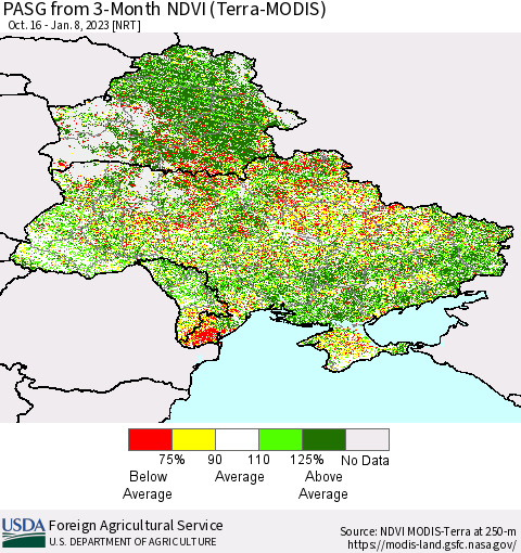 Ukraine, Moldova and Belarus PASG from 3-Month NDVI (Terra-MODIS) Thematic Map For 1/1/2023 - 1/10/2023