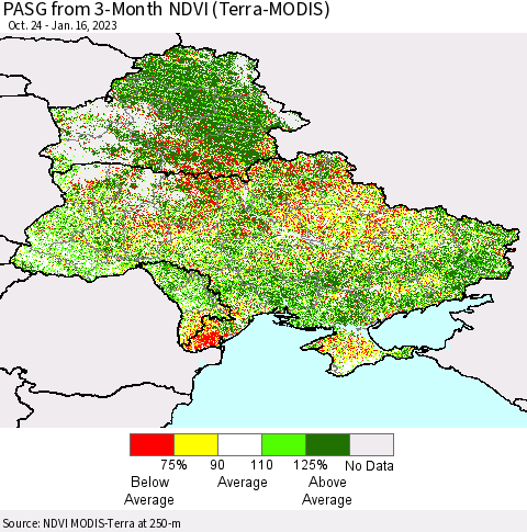Ukraine, Moldova and Belarus PASG from 3-Month NDVI (Terra-MODIS) Thematic Map For 1/9/2023 - 1/16/2023