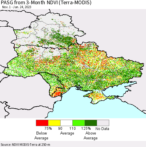 Ukraine, Moldova and Belarus PASG from 3-Month NDVI (Terra-MODIS) Thematic Map For 1/17/2023 - 1/24/2023