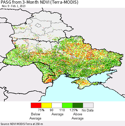 Ukraine, Moldova and Belarus PASG from 3-Month NDVI (Terra-MODIS) Thematic Map For 1/25/2023 - 2/1/2023