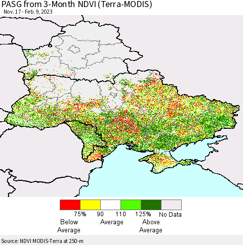 Ukraine, Moldova and Belarus PASG from 3-Month NDVI (Terra-MODIS) Thematic Map For 2/2/2023 - 2/9/2023
