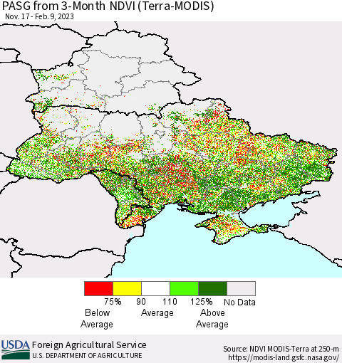 Ukraine, Moldova and Belarus PASG from 3-Month NDVI (Terra-MODIS) Thematic Map For 2/1/2023 - 2/10/2023
