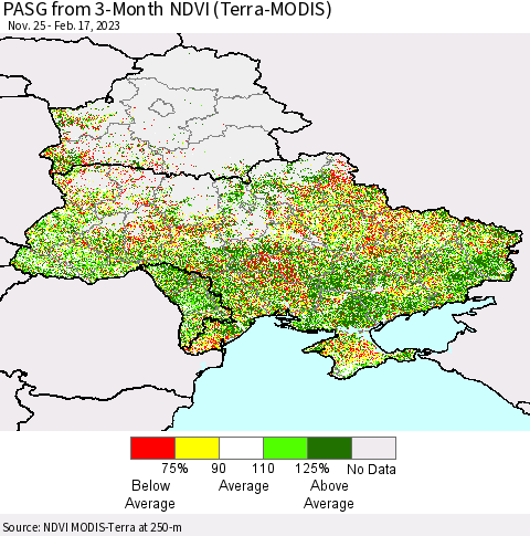 Ukraine, Moldova and Belarus PASG from 3-Month NDVI (Terra-MODIS) Thematic Map For 2/10/2023 - 2/17/2023