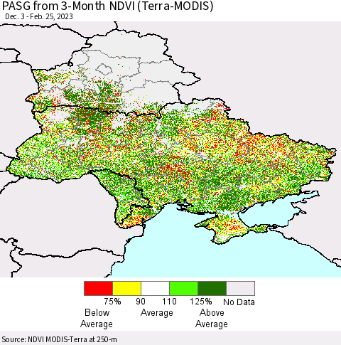 Ukraine, Moldova and Belarus PASG from 3-Month NDVI (Terra-MODIS) Thematic Map For 2/18/2023 - 2/25/2023