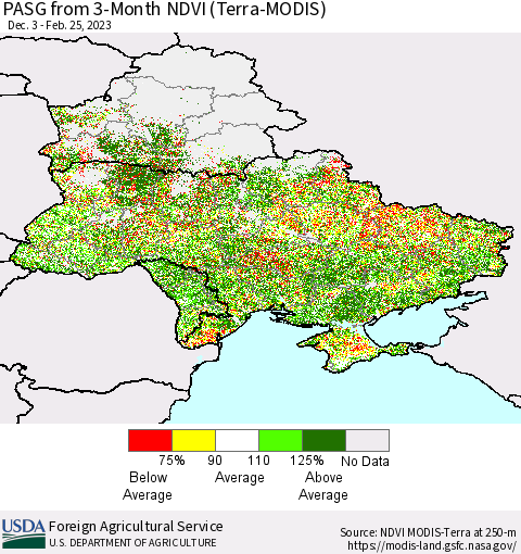 Ukraine, Moldova and Belarus PASG from 3-Month NDVI (Terra-MODIS) Thematic Map For 2/21/2023 - 2/28/2023