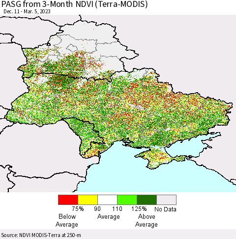 Ukraine, Moldova and Belarus PASG from 3-Month NDVI (Terra-MODIS) Thematic Map For 2/26/2023 - 3/5/2023