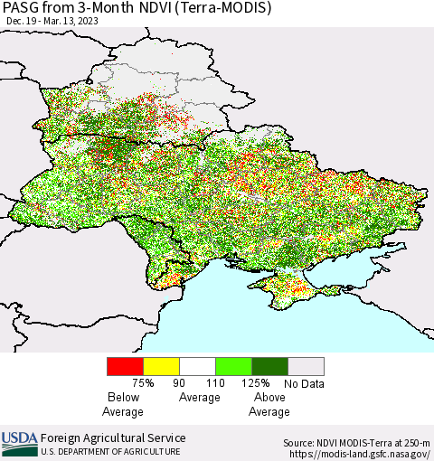 Ukraine, Moldova and Belarus PASG from 3-Month NDVI (Terra-MODIS) Thematic Map For 3/11/2023 - 3/20/2023