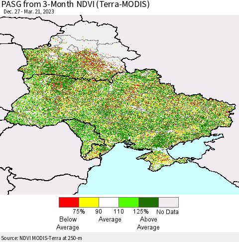 Ukraine, Moldova and Belarus PASG from 3-Month NDVI (Terra-MODIS) Thematic Map For 3/14/2023 - 3/21/2023