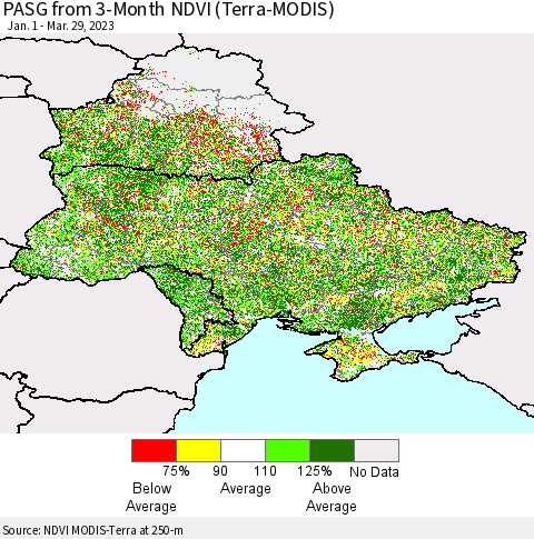 Ukraine, Moldova and Belarus PASG from 3-Month NDVI (Terra-MODIS) Thematic Map For 3/22/2023 - 3/29/2023