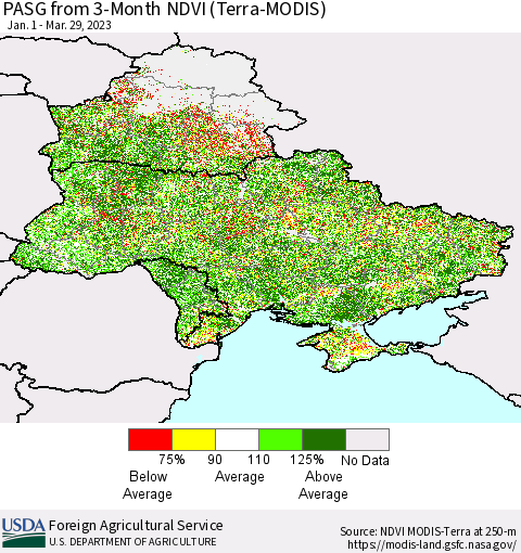 Ukraine, Moldova and Belarus PASG from 3-Month NDVI (Terra-MODIS) Thematic Map For 3/21/2023 - 3/31/2023