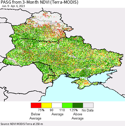 Ukraine, Moldova and Belarus PASG from 3-Month NDVI (Terra-MODIS) Thematic Map For 3/30/2023 - 4/6/2023